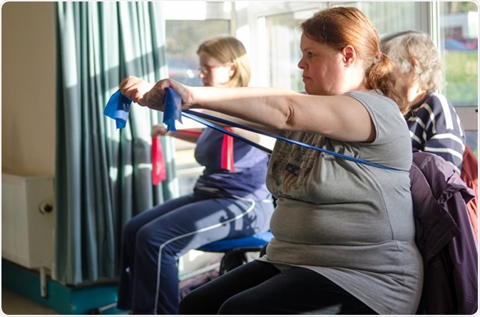 Occupational therapy instructor provides training exercises for multiple sclerosis patients at health center. Image Credit: xian-photos / Shutterstock