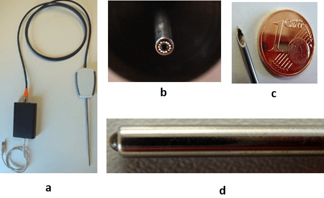  a) TM-Sensor; b) Fluorescence probe; c) MIR-needle; d) Raman probe