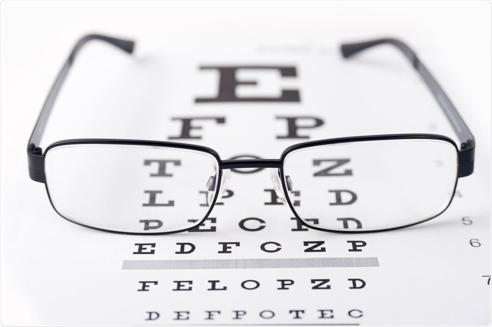 Glasses on top of reading chart as part of eye test