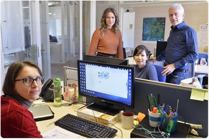 The research group at The Microsoft Research - University of Trento Centre for Computational and Systems Biology. Silvia Parolo, Pranami Bora, Lorena Leonardelli, Enrico Domenici. Image Credit: Alessio Coser