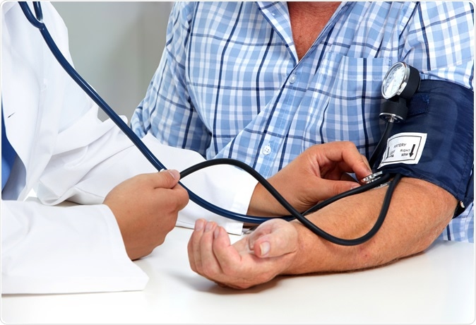 Doctor measuring blood pressure with sphygmomanometer. Image Credit: Kurhan / Shutterstock
