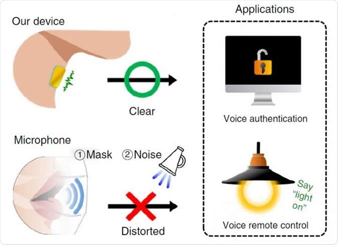 Schematic image of the comparison between our device and a reference microphone (Bruel & Kjaer, microphone type 4192, sensitivity of 1 V Pa?1) for voice authentication and voice-controlled applications. Image Credit: POSTECH