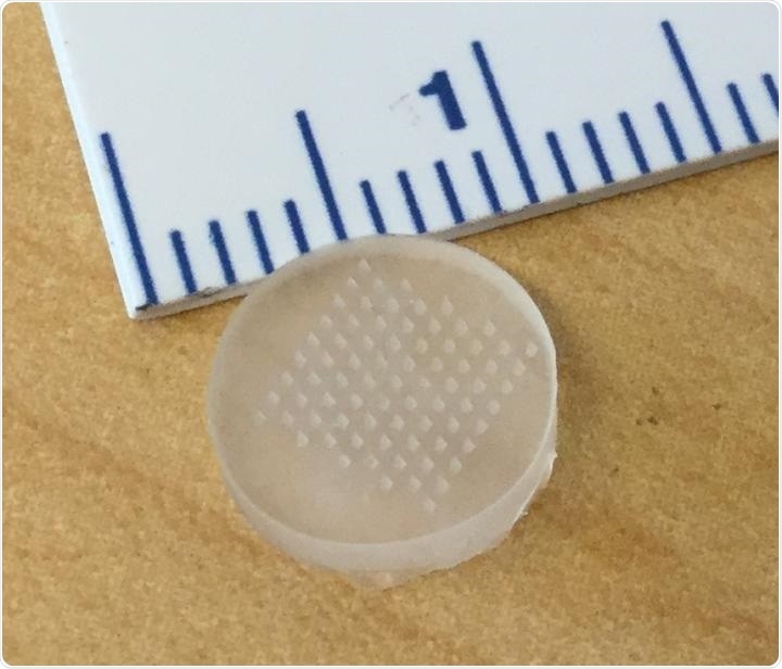 A new microneedle patch delivers medication to melanomas within one minute (ruler is in centimeters)