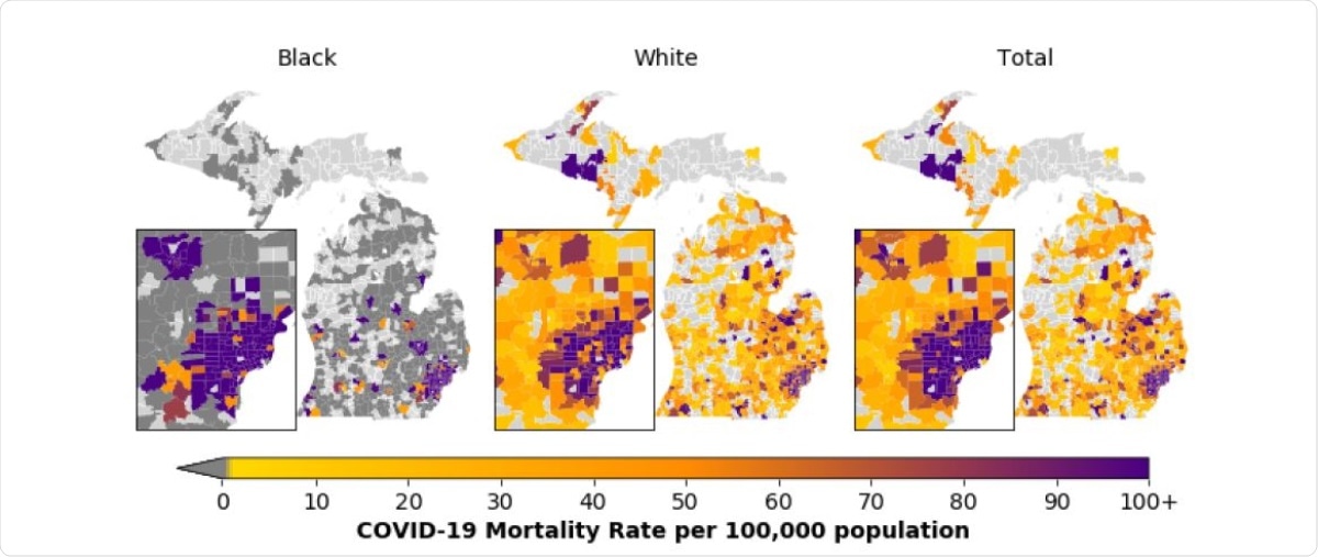 COVID-19 Mortality rates per 100,000 population among Black and White Michigan residents and Michigan residents overall by ZIP Code Tabulation Area. Mortality rate per 100,000 population ranges from 0 (yellow) to 100+ (purple). The highest mortality rate per 100,000 population is 5263. Dark grey regions indicate ZIP code tabulation areas where no COVID-19 deaths for a particular race occurred and light grey regions indicate ZIP code tabulation areas where no COVID-19 related deaths took place. These mortality rates are based on 6027 COVID-19 deaths among Michigan residents spread across the state between March 16 and October 26, 2020, of whom 5809 individuals are either White or Black. Total includes individuals of all races. The inset map represents the Detroit Metropolitan Area and Flint.