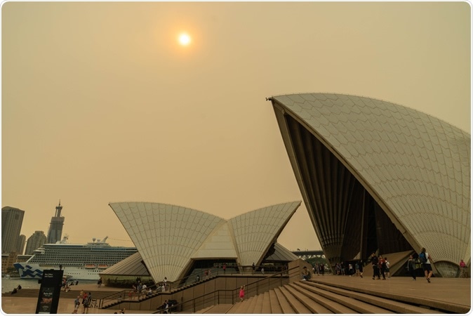 The sky and the sun over the Opera House were covered by heavy red smoke from bushfire, Australia 7-12-2019/ Image Credit: Natsicha Wetchasart / Shutterstock