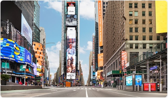 Manhattan, New York, USA - March 28, 2020: No crowds in Times Square after self-quarantine and social distancing was put in place in New York City. Image Credit: haeryung stock images / Shutterstock
