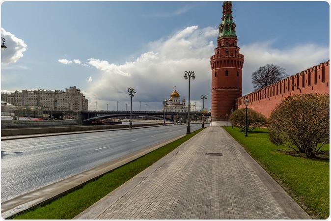 Moscow, Russia, April 5, 2020. Coronavirus Quarantine, COVID-19, in Moscow. Empty streets in the city center. Image Credit: Dmitry Bezrukov / Shutterstock