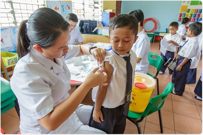 Study: Is there evidence that BCG vaccination has non-specific protective effects for COVID 19 infections or is it an illusion created by lack of testing?. Kota Kinabalu, Malaysia. Doctor vaccinating BCG at school. Image Credit: Yusnizam Yusof / Shutterstock