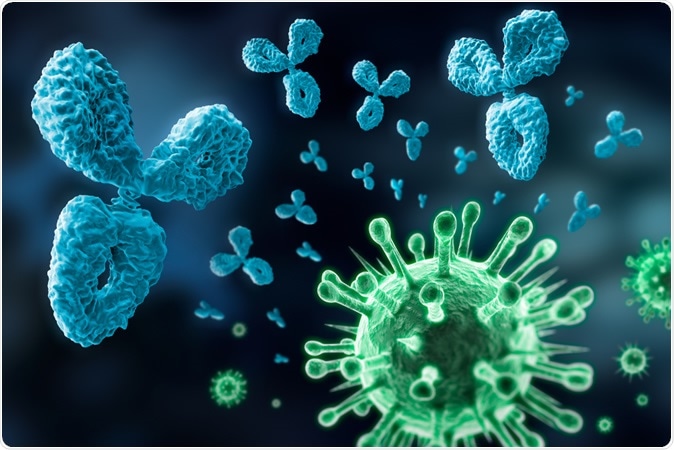 Antibody and Virus - visual concept of the immune system. Illustration Credit: Peter Schreiber / Shutterstock