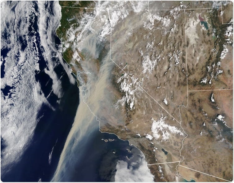 Smoke from wildfires obscures the California sky on Aug. 19, 2020. Lauren Dauphin/NASA Earth Observatory