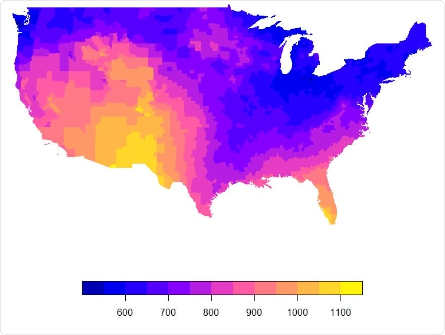 Daily mean UVA (KJ/m2 ) in the contagious USA between Jan-Apr 30th 2020.