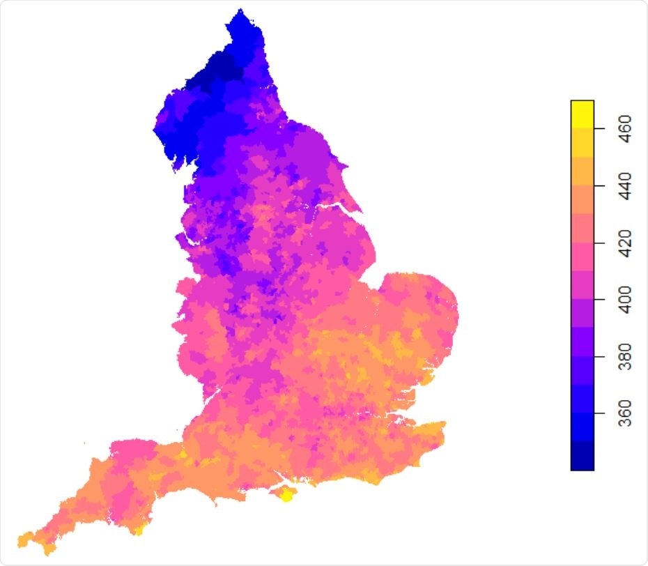 Daily mean UVA (KJ/m2 ) in England between Jan 1st -Apr 17th 2020