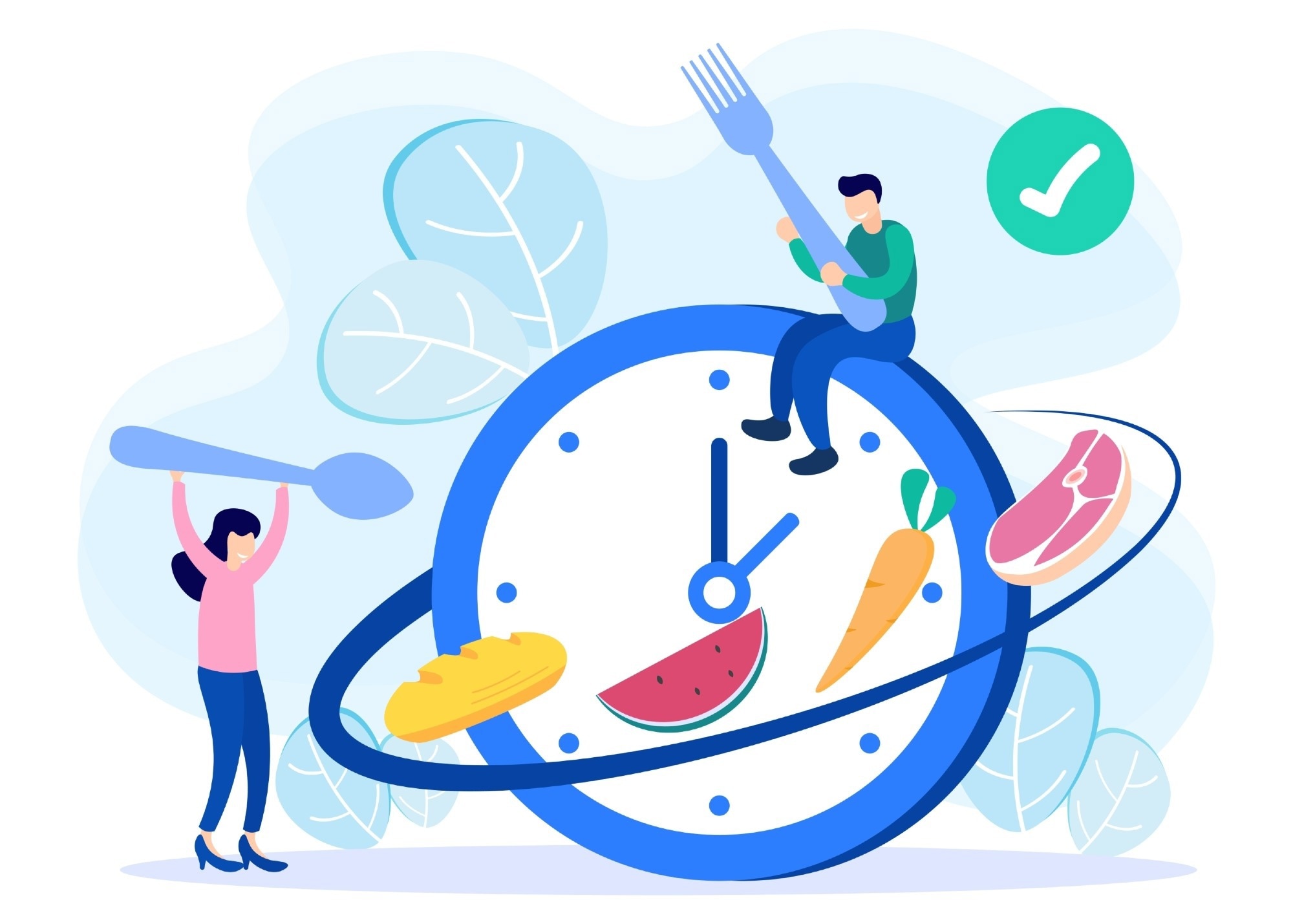 Concept of meal timing with clock and food.