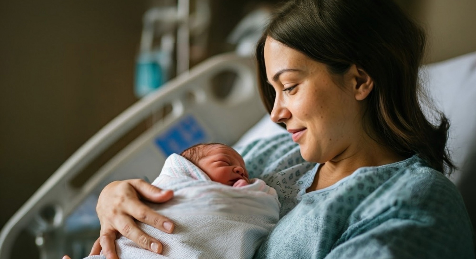 Postpartum mother with newborn baby.
