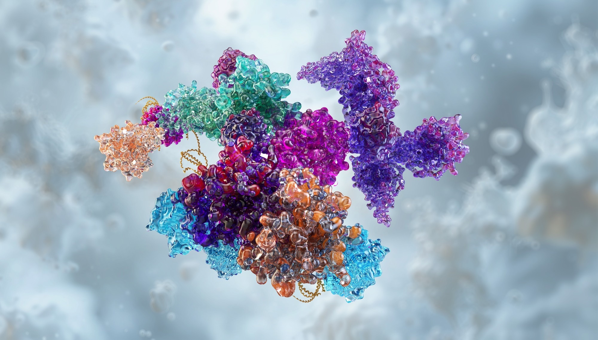 Spliceosome 3D complex: protein–RNA machinery performing pre-mRNA splicing. Structural molecular biology, gene expression, snRNPs, RNA processing.