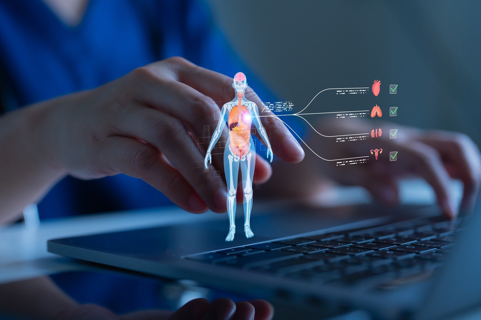 Doctor using laptop with 3D human body hologram and organ diagnostics interface. Doctor using healthcare technology, telemedicine, AI medical systems, virtual check-ups and futuristic diagnostics.