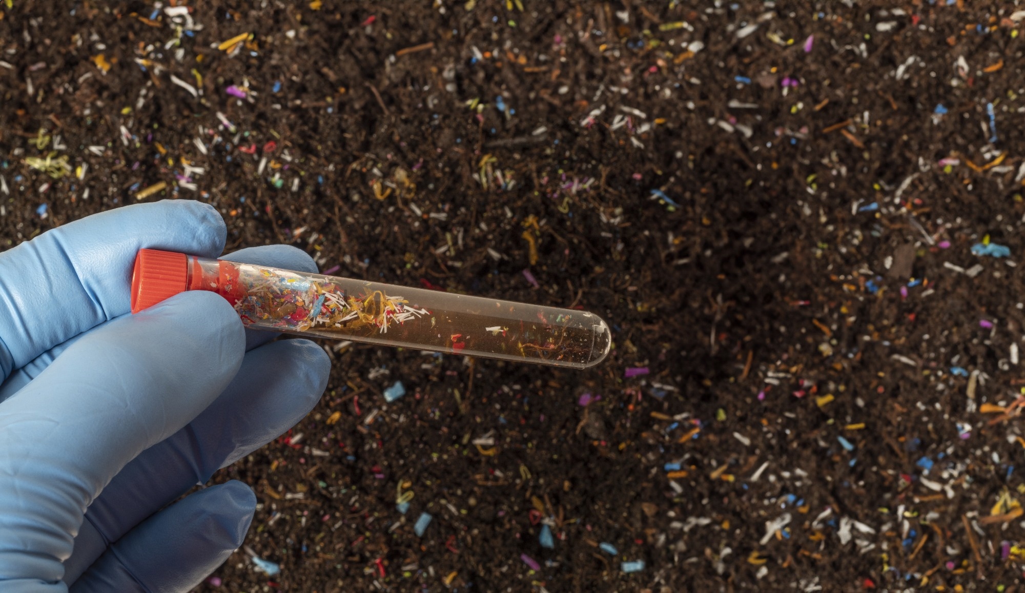 Microplastics in soil a test tube with soil sample - soil contaminated with mineral microplastics