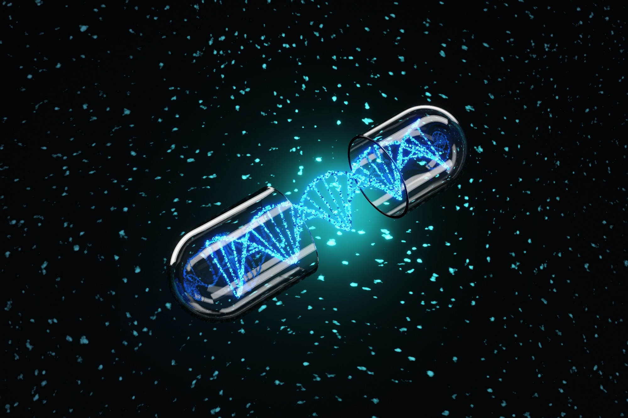 Blue glowing DNA strand inside an open transparent capsule on a dark background scattered with particles. 3D illustration of the concept of pharmaceutical development and AI assisted drug discovery