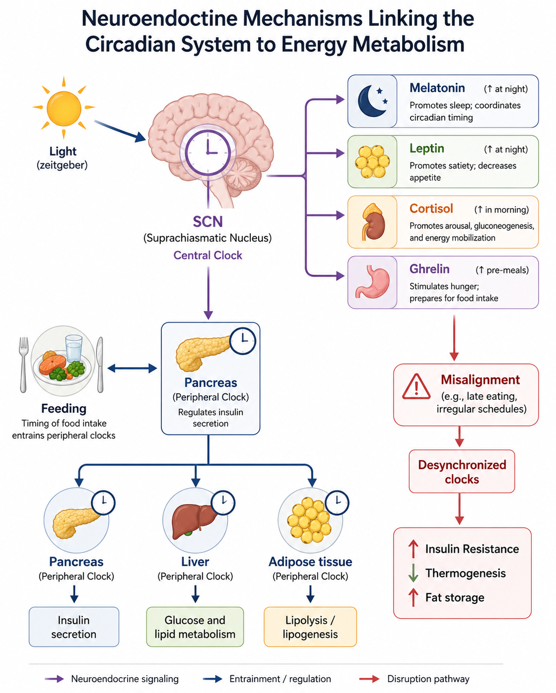 Illustration of the bidirectional relationship between the circadian system and metabolic regulation. It emphasizes how feeding behavior and light exposure interact with the master clock in the SCN and peripheral clocks in metabolic tissues. Disruption of this network, particularly through inappropriate meal timing, contributes to metabolic dysregulation, including impaired insulin sensitivity, altered lipid metabolism, and increased risk for obesity. Abbreviations: SCN = suprachiasmatic nucleus.2