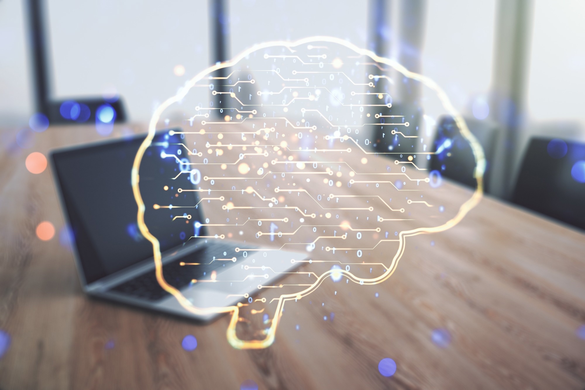 Creative artificial Intelligence concept with human brain sketch on modern computer background. Double exposure
