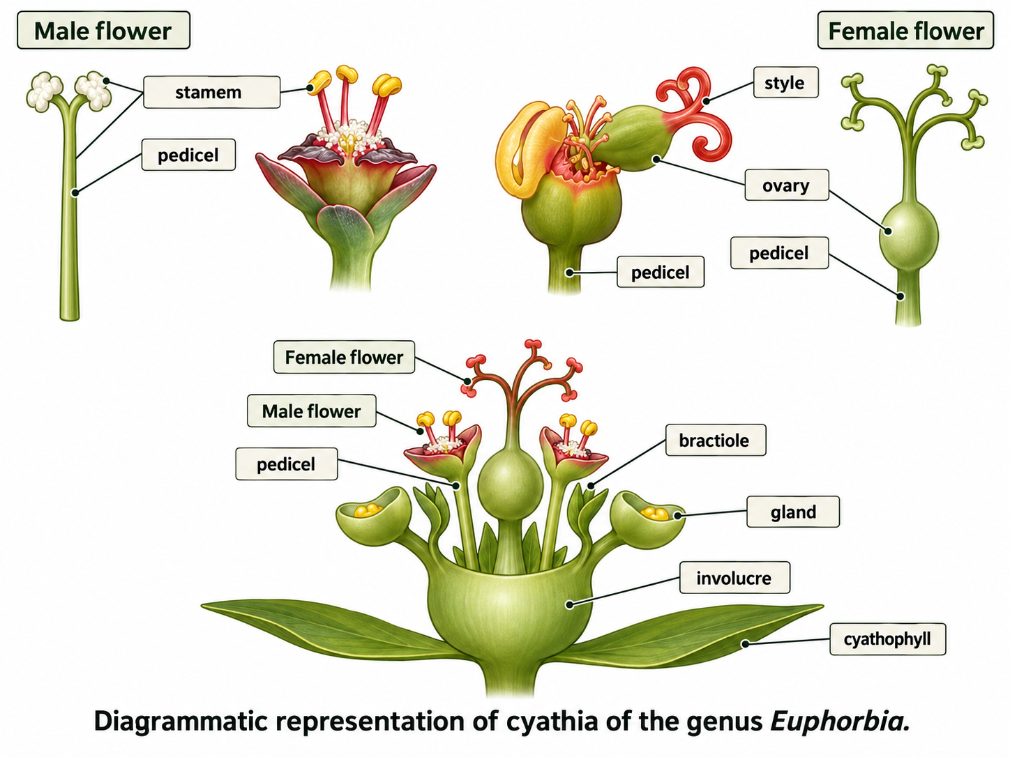 Diagrammatic representation of Cyanthia of the genera Euphorbia