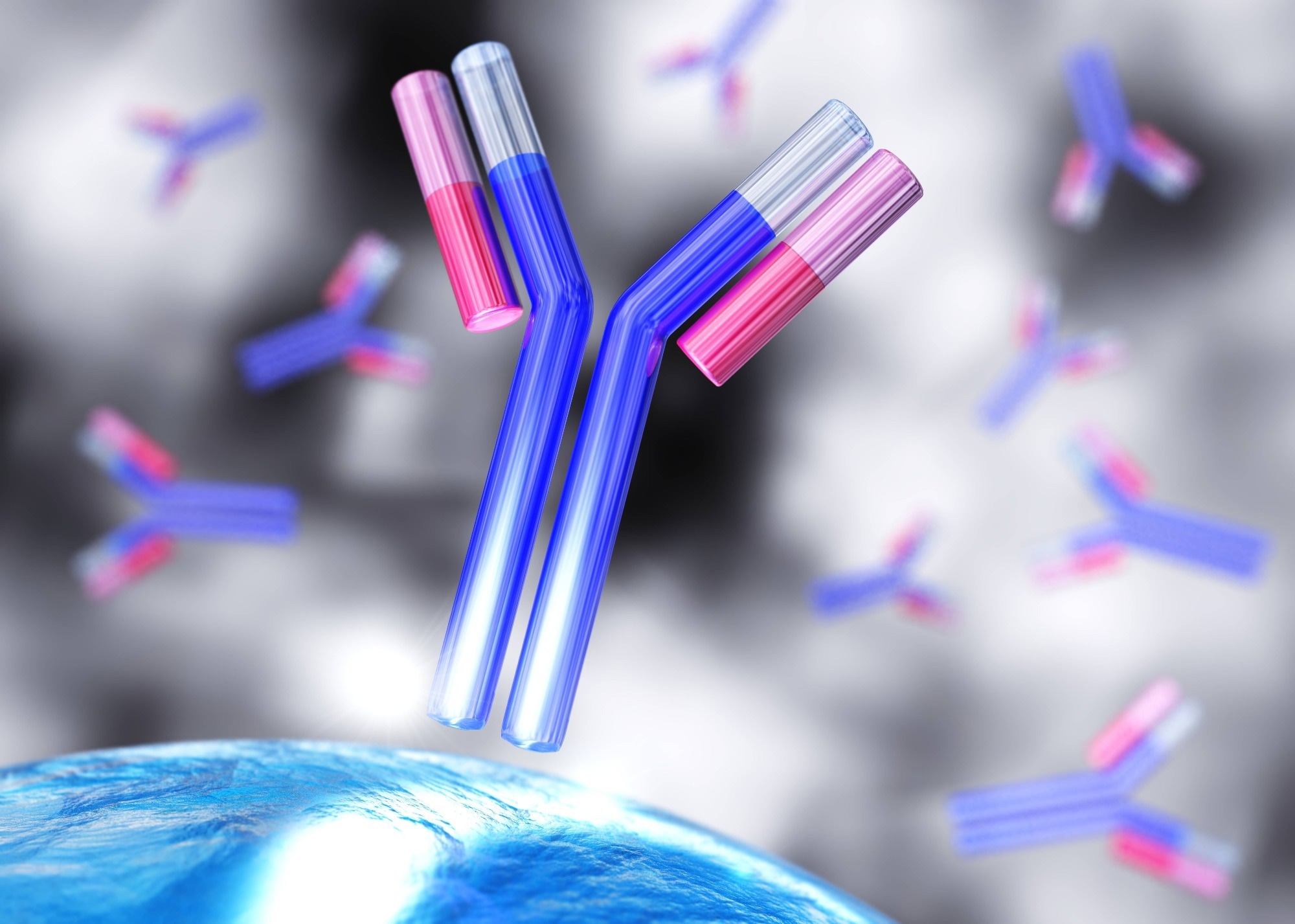 Illustration of Y-shaped antibodies showing their characteristic heavy and light chain structure with antigen-binding tips and an Fc region.