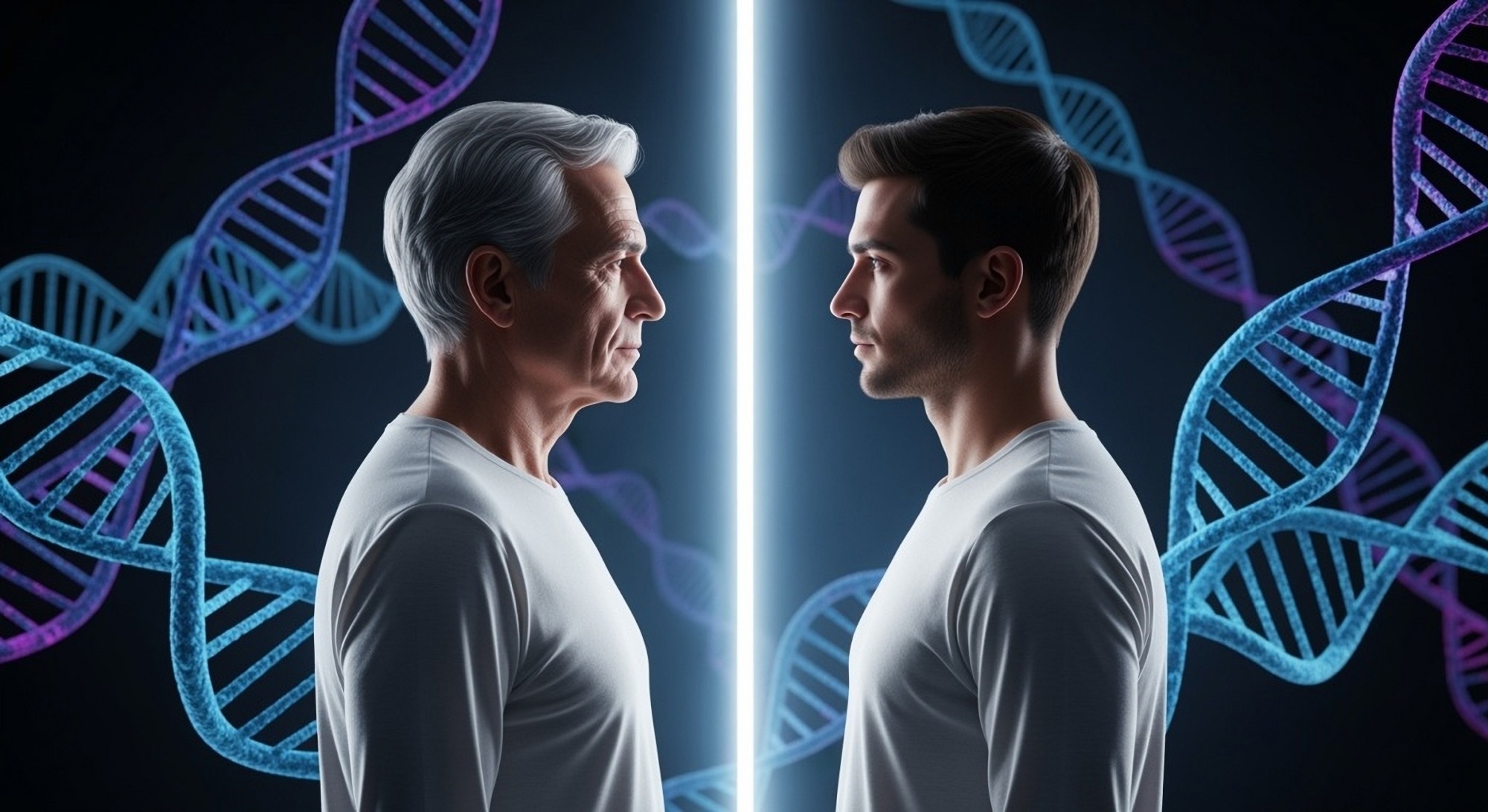 Elderly man looking at young man with DNA background