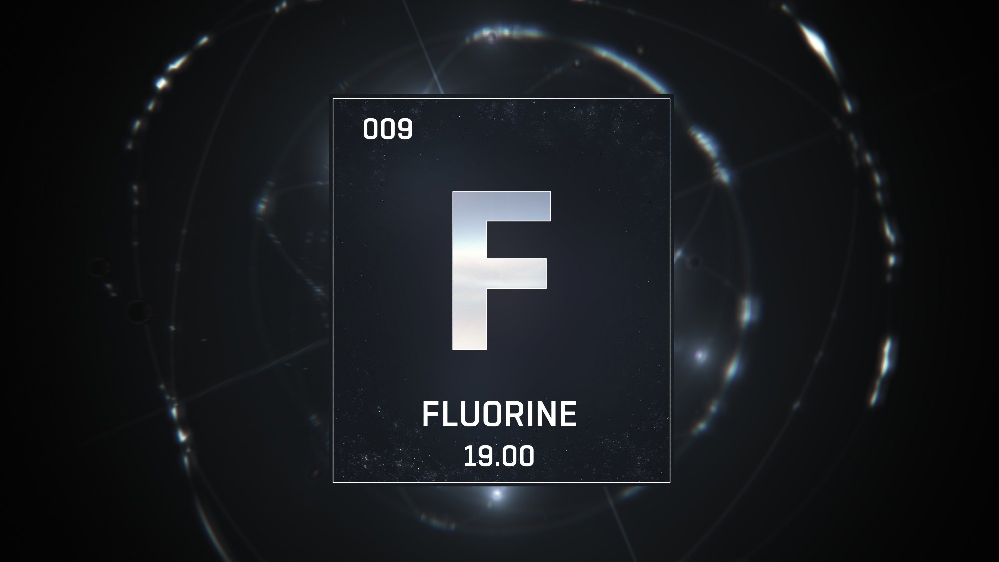3D illustration of Fluorine as Element 9 of the Periodic Table. Silver illuminated atom design background with orbiting electrons. Design shows name, atomic weight and element number