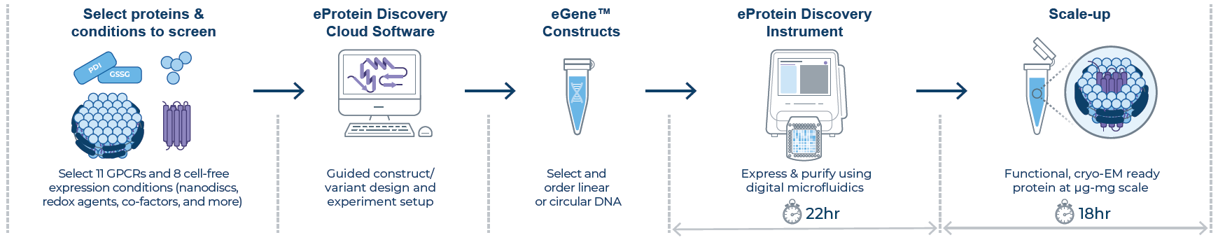 eProtein Discovery workflow. Screen to identify the best conditions for your GPCR and then select top candidates to scale-up within 48 hours