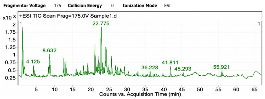 Total ion chromatogram (TIC) of Glycyrrhiza glabra root extract obtained by LC-ESI-QTOF-MS in positive-ion mode