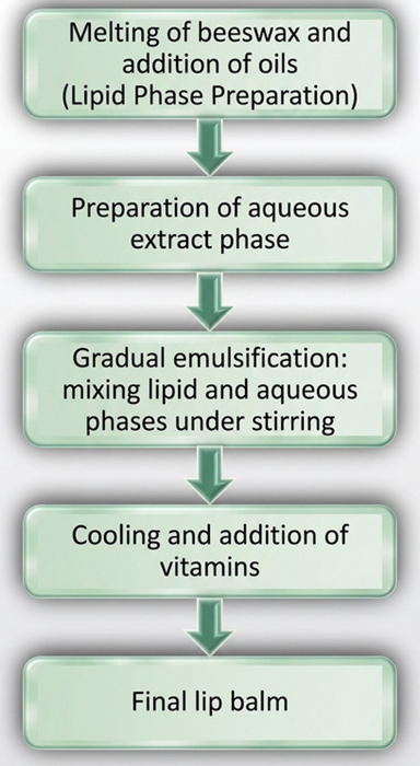 Preparation workflow: lipid phase preparation; preparation of aquesous extract phase; gradual emulsification; cooling and adding vitamins; final lip balm