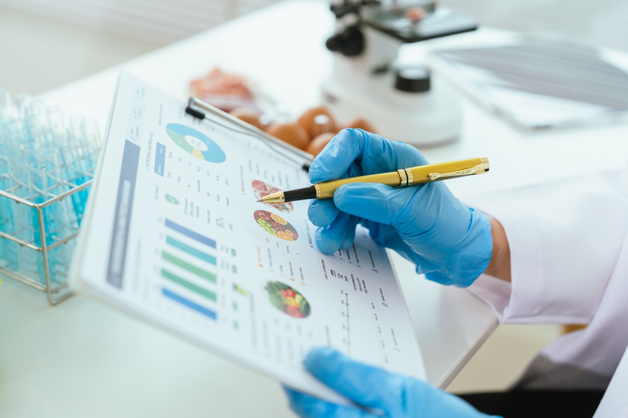 Food safety researcher reviewing nutrition and quality control reports in a laboratory