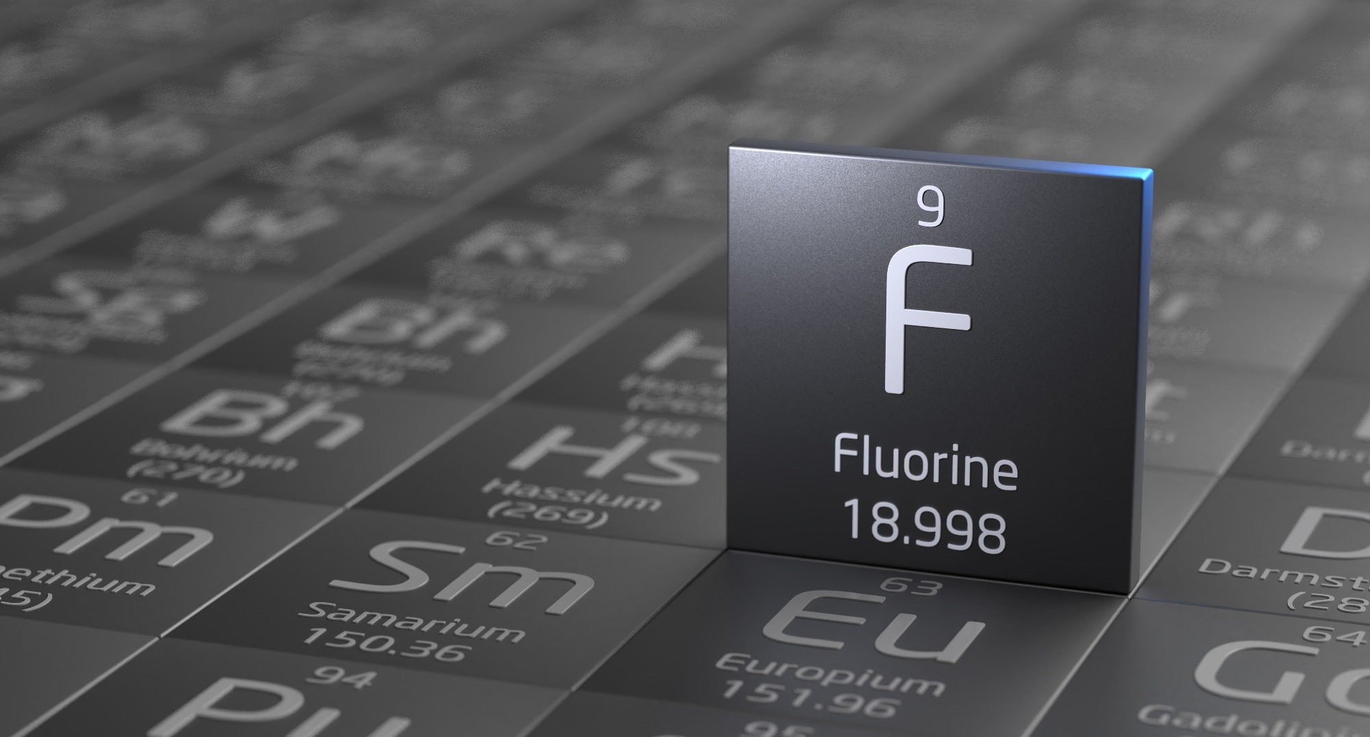 A picture of the fluorine element in the periodic table