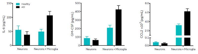 Elevated pro-inflammatory secreted proteins observed in AD iPSC-derived neuron and microglia co-cultures. Healthy or AD (PSEN1 mutation) neurons co-cultured on Day 19 with iPSC-derived monocytes. IL-6, GM-CSF, and CCL2 concentrations derived from standards shown for healthy or AD iPSC-derived mono-cultures or co-cultures. Data presented as mean + SEM, n = 3 replicates