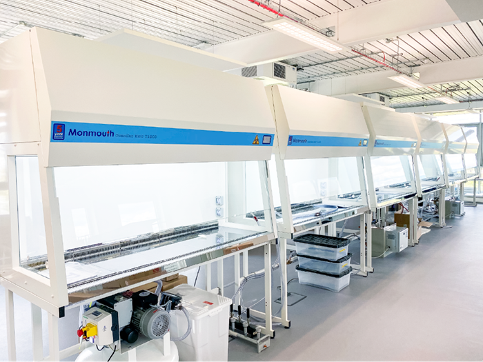 A row of biological safety cabinets (also known as fumehoods) in a row in a lab.