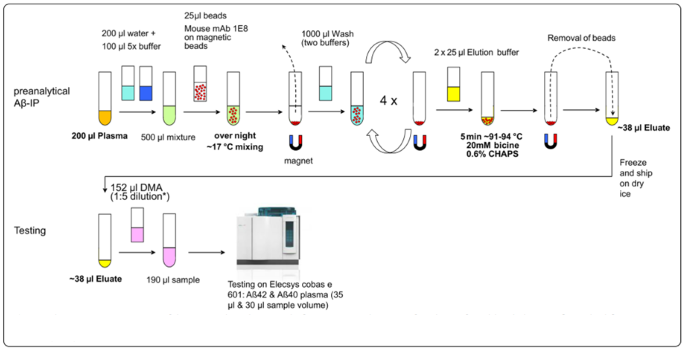 Schematic representation of the pre-analytical process before automated testing of IP-eluates from blood plasma. Aβ, amyloid-β; IP, Immunoprecipitation