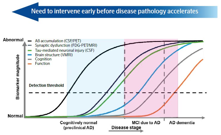 Graph representing biomarker magnitude across the AD disease progression continuum