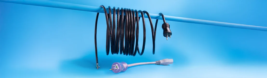 A graphic with a pole and a plug with a long wire wrapping around it