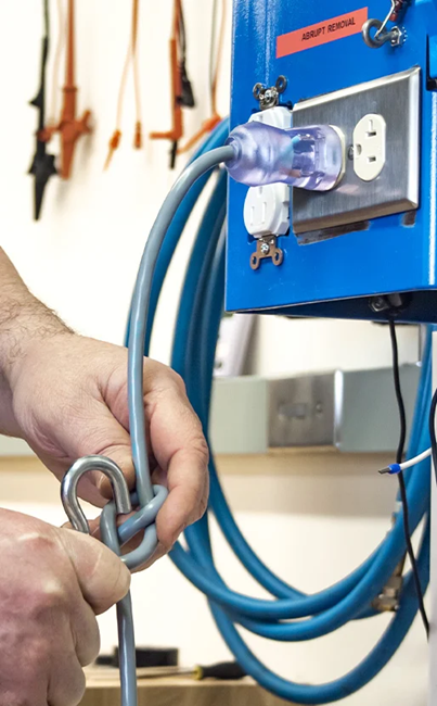 Illustration of medical-grade plugs in use in a hospital.