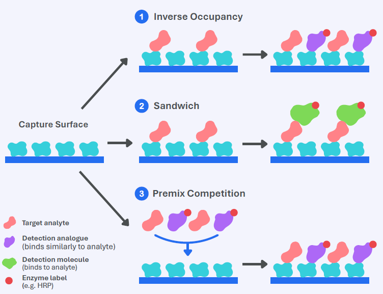 Assay formats supported on the Amperia platform. Each format uses dip-style sensors with a capture surface but differs in binding order and signal behavior: (1) Inverse Occupancy; (2) Sandwich; (3) Premix Competition