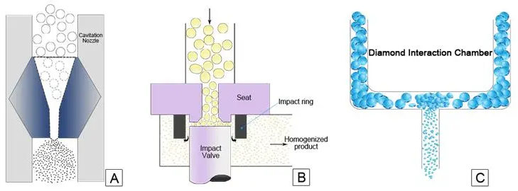 Three working principles of high-pressure homogenization.