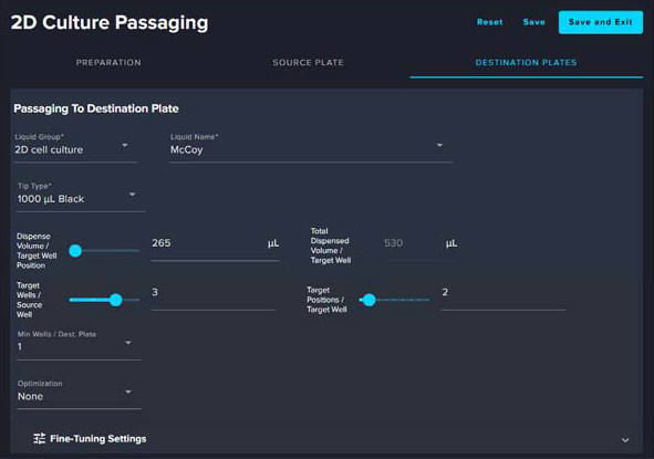 This screenshot shows the final step, where cells are transferred from the source plates to destination plates that have already been prepared with media. The “Destination Plates” tab, where users can configure parameters for cell seeding, shows an example. The dispense volume (McCoy’s medium) per target well is set to 250 μL, with a total of 500 μL dispensed (for two droplets). Users can select specific source and target well positions, ensuring accurate and consistent cell distribution. Additional options for fine-tuning the dispensing process are also available.