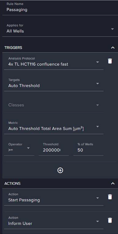 These screenshots illustrate the decision-making rule used to trigger the start of cell passaging or notify the user. The rule, named “Passaging,” is applied to all wells and is based on image analysis data. It is triggered when the Auto Threshold Total Area Sum or a defined confluence metric reaches a specified threshold, in this case, 50 % of wells exceeding a target value (threshold of 20,000,000 μm2). Once this condition is met, the system was configured to either automatically initiate passaging or inform the user. The interface allows users to define the analysis protocol, set thresholds, and choose actions, enabling automated and consistent decision-making in cell culture workflows