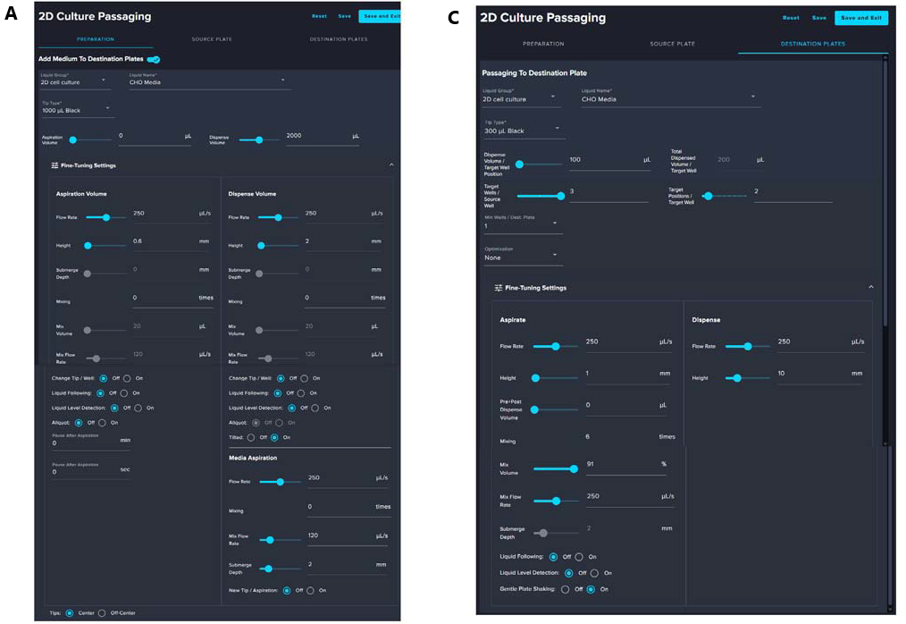 A. Preparation of Destination Plates for CHO Cell Passaging. This screenshot shows the initial step in CHO cell passaging using the CellXpress.ai system. The system dispenses 2000 μL of CHO media into each well of the destination plates using 1000 μL tips. Fine-tuned liquid handling parameters and liquid level detection ensure accurate dispensing. Plates are then incubated until cell seeding. B. Preparation of Source Plate for CHO Suspension Cell Passaging. This screenshot illustrates the preparation of the source plate for CHO suspension cell passage using the CellXpress.ai system. Unlike adherent cells, CHO suspension cells do not require a dissociation reagent. Instead, CHO media is used to resuspend the cells through controlled aspiration and dispensing. The interface displays key parameters including a dispense volume of 600 μL, aspiration flow rate of 250 μL/s, and mixing settings (20 times at 50 μL/s). These fine-tuned settings ensure uniform cell dispersion before transferring. C. Dispensing CHO Cells to Destination Plates. This screenshot shows the final step in CHO cell passaging using the CellXpress.ai system. Cells are dispensed from the source to preprepared destination plates using 300 μL tips. Dispense volume is set to 100 μL per well, with fine-tuned aspiration and mixing parameters to ensure accurate and consistent seeding.