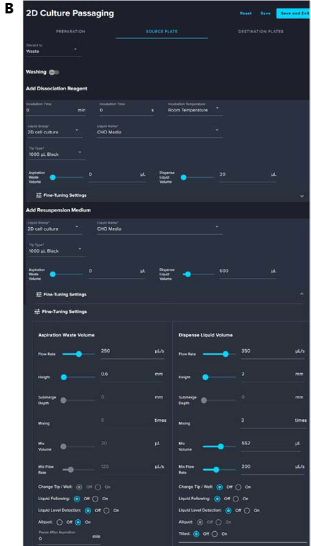 A. Preparation of Destination Plates for CHO Cell Passaging. This screenshot shows the initial step in CHO cell passaging using the CellXpress.ai system. The system dispenses 2000 μL of CHO media into each well of the destination plates using 1000 μL tips. Fine-tuned liquid handling parameters and liquid level detection ensure accurate dispensing. Plates are then incubated until cell seeding. B. Preparation of Source Plate for CHO Suspension Cell Passaging. This screenshot illustrates the preparation of the source plate for CHO suspension cell passage using the CellXpress.ai system. Unlike adherent cells, CHO suspension cells do not require a dissociation reagent. Instead, CHO media is used to resuspend the cells through controlled aspiration and dispensing. The interface displays key parameters including a dispense volume of 600 μL, aspiration flow rate of 250 μL/s, and mixing settings (20 times at 50 μL/s). These fine-tuned settings ensure uniform cell dispersion before transferring. C. Dispensing CHO Cells to Destination Plates. This screenshot shows the final step in CHO cell passaging using the CellXpress.ai system. Cells are dispensed from the source to preprepared destination plates using 300 μL tips. Dispense volume is set to 100 μL per well, with fine-tuned aspiration and mixing parameters to ensure accurate and consistent seeding.