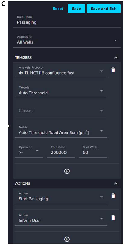 (A–C). Screenshots illustrate how the CellXpress.ai system automates CHO cell passaging using rule-based triggers. In (B & C), the “Passaging” rule initiates when the Auto Threshold Total Result exceeds 1,000,000 or 10 % of total units. In (C), a “Passaging” rule triggers when 50 % of wells surpass a confluence threshold of 20,000,000 μm2, based on the 4X TL HCT116 Offset protocol. The event logs in (A) confirms automated execution of actions like Start Passaging. The system enables real-time decisions with minimal manual input.