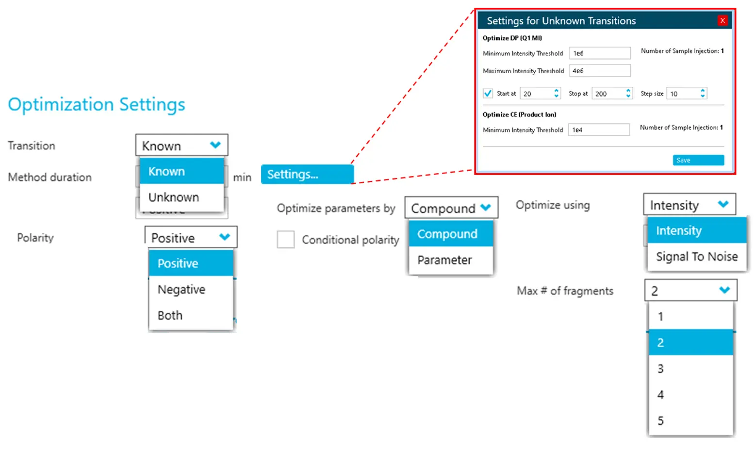 Automated compound optimization feature on SCIEX OS software. Easily optimize source and MRM conditions for optimal quantitation conditions for known and unknown targets