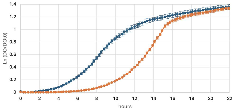 Growth curves of prokaryote B at 28 °C with continuous (orange) or intermittent (blue) shaking. Shown are the means of triplicate wells, with error bars representing standard deviation. Continuous: Mean Vmax = 4.028 mU/minute, calculated using eight points with mean R2 = 0.998; CV (Vmax) = 1.6%. Intermittent: Mean Vmax = 3.135 mU/minute, calculated using eight points with mean R2 = 0.993; CV (Vmax) = 3.1%
