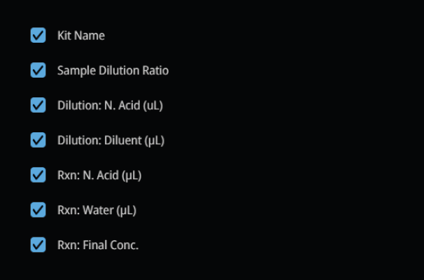 Reported values to select to include qPCR recipe details in the Report, which can be saved as a .pdf file