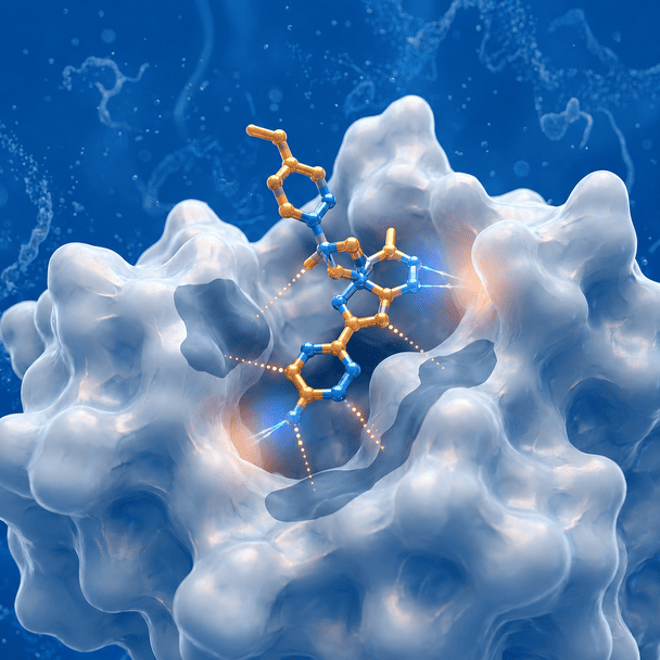 A fragment molecule binds within a target protein pocket.